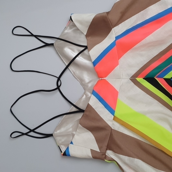 Milly Blended Linen Silk Mitered Trapeze Neon Striped Maxi Dress - Picture 9 of 10